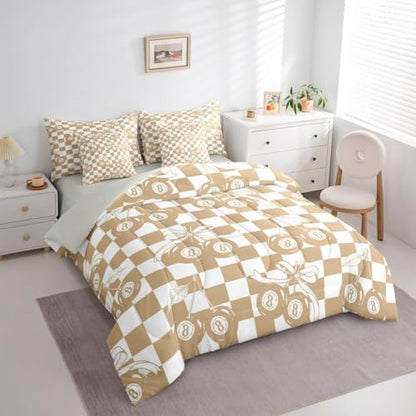 Erosebridal 7 Piece Lucky 8 Ball Comforter Set Twin Fashion Y2K Bowknot Bedding Set with Cute Cherry Ball Design,Minimalist Trendy Geometric Plaid Bed in A Bag Aesthetic Funky Coquette Bed Set