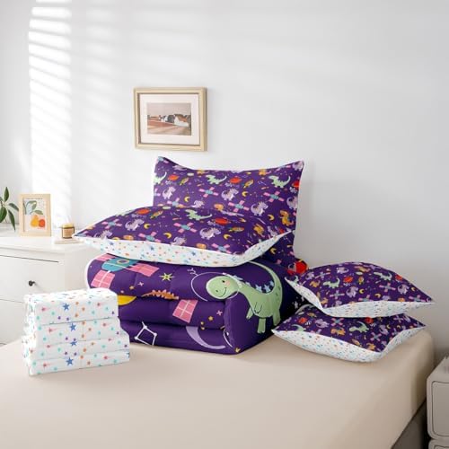 Feelyou Kids Cute Dinosaur 7 Piece Bedding Set Full Size Solar System Comforter Set with Sheets for Boys Girls Moon Star Print Bed in a Bag Purple Bed Set