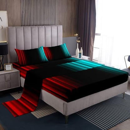 Feelyou Teens Abstract Ombre Decorations Bedding Set for Kids Women Red Teal and Black Bed Sheets Set Geometric Modern Fitted Sheet Sets Room 3Pcs Twin Size