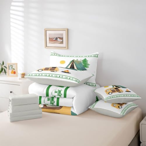 Erosebridal Rv Happy Camping King Comforter Set with Sheets Camper Decor 7-Piece Bedding Set for Kids Boys Teens Bedroom Rustic Farmhouse Bed in A Bag Pine Tree Bonfire Bed Sets, Green White