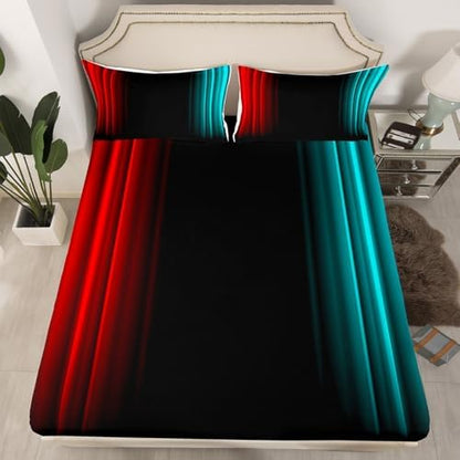 Feelyou Teens Abstract Ombre Decorations Bedding Set for Kids Women Red Teal and Black Bed Sheets Set Geometric Modern Fitted Sheet Sets Room 4Pcs Queen Size