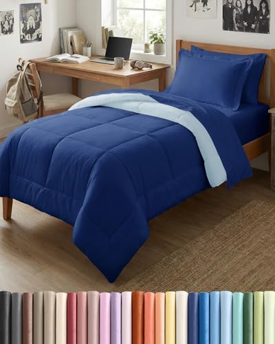 Twin XL Comforter Set - 5 Pc Reversible Bed in a Bag - Navy Blue/Sky Blue