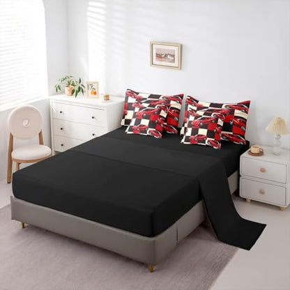 Erosebridal Red Racing Car Full Bed in A Bag for Boys, Cool Speed Race Car Comforter Set with Sheets for Kids Youth Men Teens, Extreme Sport 7 Pcs Bedding Set, Grid Buffalo Bed Sets
