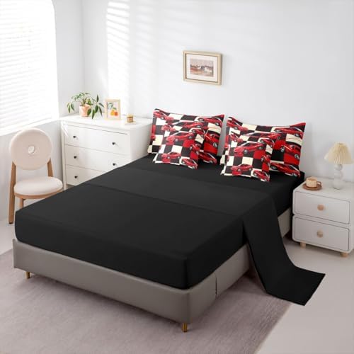 Erosebridal Red Racing Car King Bed in A Bag for Boys, Cool Speed Race Car Comforter Set with Sheets for Kids Youth Men Teens, Extreme Sport 7 Pcs Bedding Set, Grid Buffalo Bed Sets