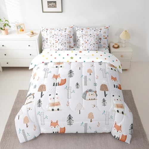 Erosebridal Cute Zoo Animals Twin Comforter Set 7 Piece for Kids Boys Girls Wildlife Bed in A Bag with Sheets Cartoon Fox Bear Hedgehog Bedding Set Jungle Tree Mushrooms Bed Set Room Decor