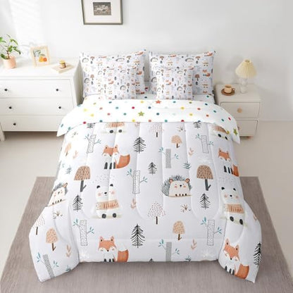 Erosebridal Cute Zoo Animals Twin Comforter Set 7 Piece for Kids Boys Girls Wildlife Bed in A Bag with Sheets Cartoon Fox Bear Hedgehog Bedding Set Jungle Tree Mushrooms Bed Set Room Decor