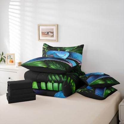 Erosebridal Snake 7 Pcs Bedding Set Twin 3D Reptile Comforter Set with Sheets Blue Scales Bed in A Bag Palm Leaf Wild Animal Bedroom Decor