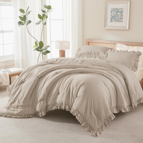 Andency Wheat King Size Comforter Set, 3 Pieces Solid Farmhouse Bedding