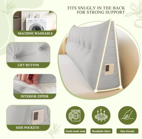 DANGHOOGY Headboard Pillow Queen, Large Triangular Wedge Headboard Pillow for Reading and Resting, Backrest Positioning Support Pillow with Removable Cover (Light Grey)