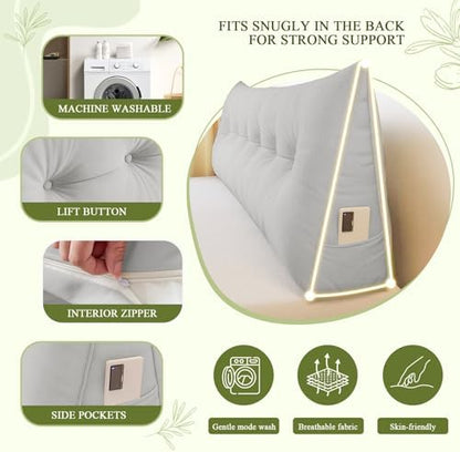 DANGHOOGY Headboard Pillow Queen, Large Triangular Wedge Headboard Pillow for Reading and Resting, Backrest Positioning Support Pillow with Removable Cover (Light Grey)