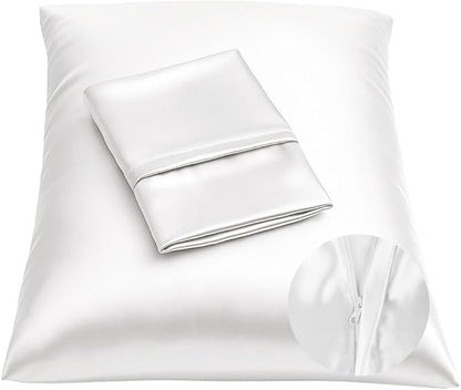BLISSFORD Satin Pillowcase with Zipper for Hair and Skin Care, Feels Soft and Cool Like a Silk Pillowcase, White Satin Pillow Cases 2 Pack, Slik Pillow Cover, Standard Size - Set of 2