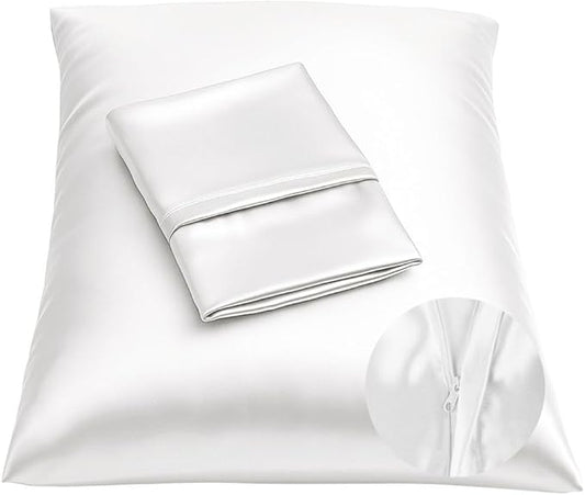 BLISSFORD Satin Pillowcase with Zipper for Hair and Skin Care, Feels Soft and Cool Like a Silk Pillowcase, White Satin Pillow Cases 2 Pack, Slik Pillow Cover, King Size - Set of 2