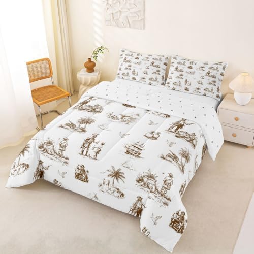 Coastal Pirate Ship Comforter Set King Size,Beach Tripical Palm Tree Bedding Sets 3Pcs Teens Adult Men Room Decor,Sailing Boat Seagull Quilted Duvet Retro Sketch Brown Down Comforter,2 Pillowcases