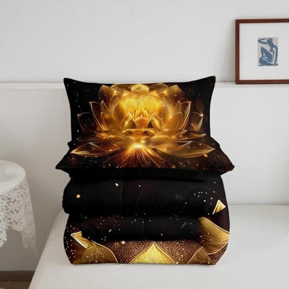 jejeloiu Golden Black Comforter Set Twin Size Kids Golden Lotus Flower Bedding Set for Boys Girls Teens Zen Spa Duvet Breathable Floral Quilt Bedroom Decor,1 Comforter with 1 Pillowcase