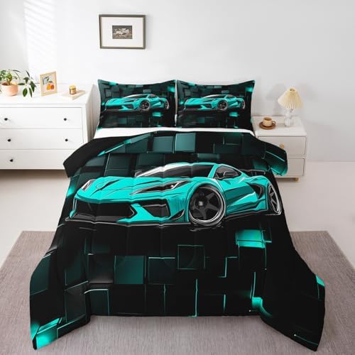 Erosebridal Kids Racing Car Comforter Set Twin Blue Sports Car Bedding Set for Boys 3D Geometric Blocks Down Comforter Speed Race Car Quilt Black Blue Squares Duvet Insert 2Pcs Bedding Decor