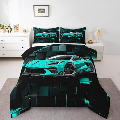 Erosebridal Kids Racing Car Comforter Set Twin Blue Sports Car Bedding Set for Boys 3D Geometric Blocks Down Comforter Speed Race Car Quilt Black Blue Squares Duvet Insert 2Pcs Bedding Decor