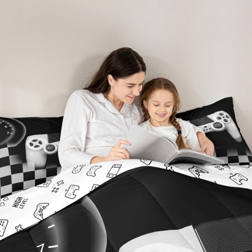 Erosebridal Gamer Comforter Set King,Gaming Bedding Set for Kids Teens,Black and Grey Buffalo Plaid Reversible Duvet Insert,Novelty Gamepad Pattern Down Comforter with 2 Pillow Shams Lightweight