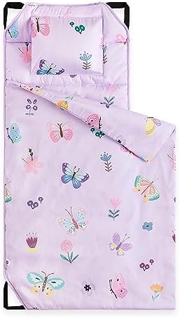 Wake In Cloud - Cot Nap Mat with Pillow and Blanket, for Toddler Kids Girls in Daycare Kindergarten Preschool Pre K with Elastic Corner Straps, Cute Butterfly Flowers, Purple