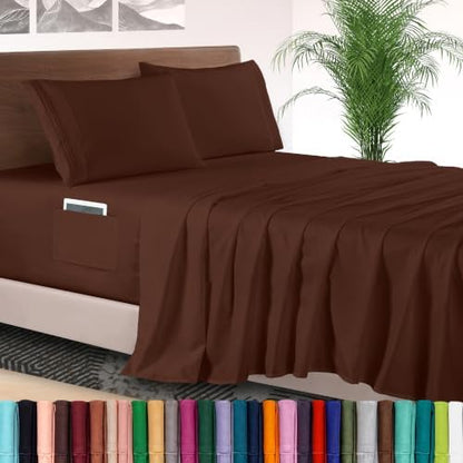 Elegant Comfort 4-Piece Bed Sheet Set - Luxury Bedding 1500 Premium Hotel Quality Microfiber, All Around Elastic 18-24 Inches Deep Fitted Sheet- Extra Deep Pocket Sheets, King, Brown