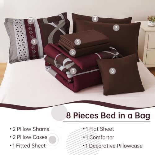 Red Brown Comforter Set Queen Size,8 Pieces Patchwork Striped Bed in a Bag