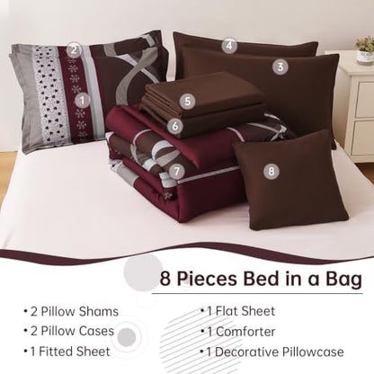 Red Brown Comforter Set Queen Size,8 Pieces Patchwork Striped Bed in a Bag