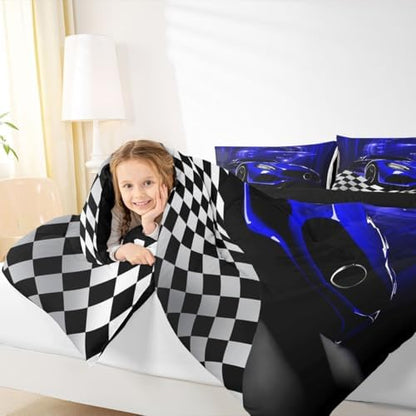 Erosebridal Blue Race Car Queen Comforter Set for Young Boys,Glitter Ombre Line Art Bedding Set Neon Light Sports Car Dashboard Quilt,Black and White Grid Lattice Buffalo Plaid Decor