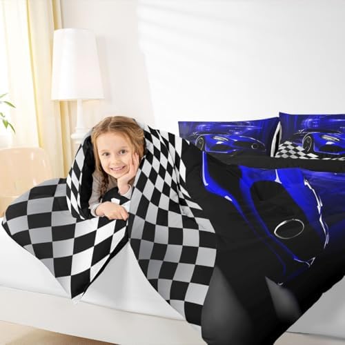 Erosebridal Blue Race Car Comforter Set for Youth Boys,Glitter Ombre Line Art Bedding Set Neon Light Sports Car Dashboard Quilt Twin,Black and White Grid Lattice Buffalo Plaid Decor