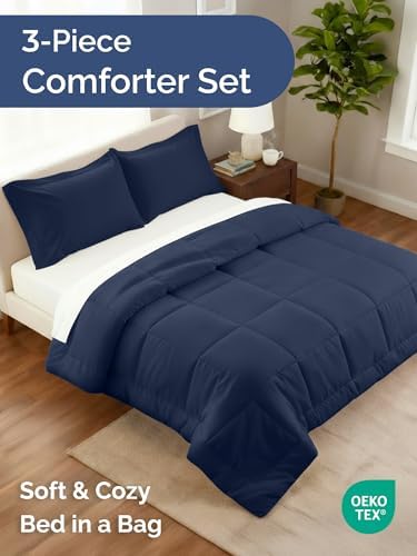 King Comforter Set - Navy Blue Bedding for All Seasons - 3 Piece Bed Set