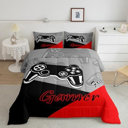 Feelyou Kids Gaming Toddler Size Comforter Video Game Bedding Sets for Child Boys Teen Gamer Down Comforter All Season Reversible Game Controller Home Decor,1 Comforter with 1 Pillowcase, Red