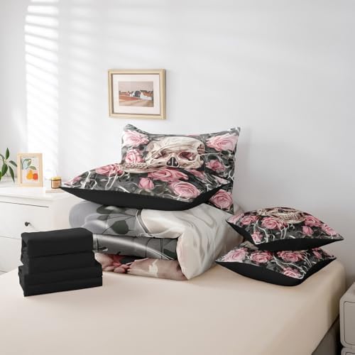 Erosebridal Gothic Skull Bedding Set Queen,Romantic Pink Rose Comforter Set,Spooky Bone Skeleton Floral(Comforter+Fitted+Flat Sheet+2 Pillowcases+2 Throw Pillow Covers) 7 Pieces Halloween Bed Set