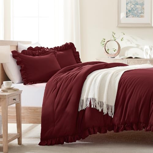 Andency Burgundy Queen Comforter Set, 3 Pieces Shabby Chic Bedding