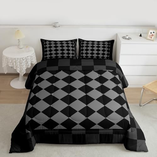 Checkered Geometric Comforter Set Full Size Black Grey Plaid Bedding Set for Kids Boys Girls Checkerboard Modern Aesthetic Duvet Quilt Cute Retro Neutral Bedroom Decor 3 Pcs with 2 Pillow Cases