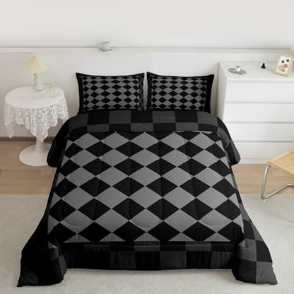 Checkered Geometric Comforter Set Full Size Black Grey Plaid Bedding Set for Kids Boys Girls Checkerboard Modern Aesthetic Duvet Quilt Cute Retro Neutral Bedroom Decor 3 Pcs with 2 Pillow Cases