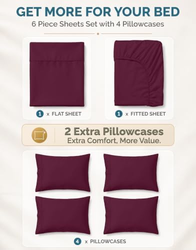 Casa Platino Queen Size Sheet Set – 6 Piece Cooling Sheets Queen Size 100% Cotton Crisp Percale Sheets with Breathable & Cozy Feel, 15" Deep Pocket Fitted Sheet for Secure Fit – Windsor Wine