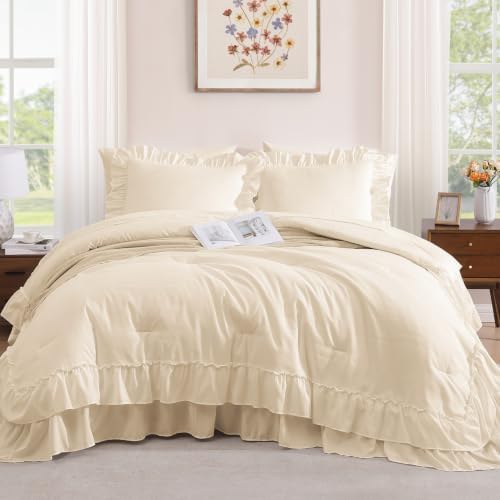 Full Comforter Set Whisper White Ruffle 7 Pieces Farmhouse Bed in a Bag