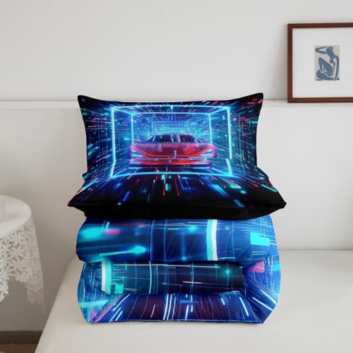 Erosebridal Boys Sports Car Queen Comforter Set for Kids Racing Car Bedding Set Sports Race Car Down Comforter Colorful Cool Neon Quilt Lightning Duvet Insert 3Pcs Bedding Room Decor