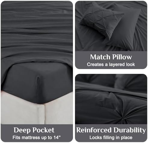 JOLLYVOGUE Twin XL Comforter Set 5 Pieces - Bed in a Bag Twin XL for All Season, Pintuck Bedding Comforter Sets with Comforter, Flat Sheet, Fitted Sheet and Pillowcases & Shams, Dark Grey