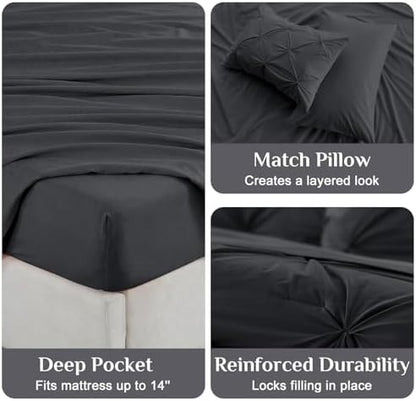JOLLYVOGUE Twin XL Comforter Set 5 Pieces - Bed in a Bag Twin XL for All Season, Pintuck Bedding Comforter Sets with Comforter, Flat Sheet, Fitted Sheet and Pillowcases & Shams, Dark Grey