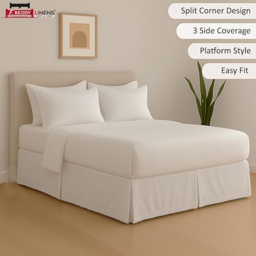 eBeddy Linens Split Corner Bed Skirt Full 14 Inch Drop – 100% Microfiber, – Platform Style, White Solid, 3-Sided Pleated, Tailored Fit, Hidden Storage, Hotel Luxury, Washable
