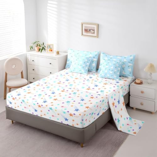 Erosebridal Cute Silly Goose 7-Piece Bed in a Bag Boys Cartoon Ducks Full Size Bedding Set for Kids Teens Funny Animals Comforter Set with Sheets Light Blue Farmhouse Floral Soft Lightweight Decor