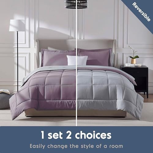 Nestl 9 Piece California King Comforter Set – Dusty Purple Reversible Bed in a Bag – Complete Cal King Size Bedding Set with Sheets, Set of 2 Down Alternative Pillows, Pillowcases and Shams