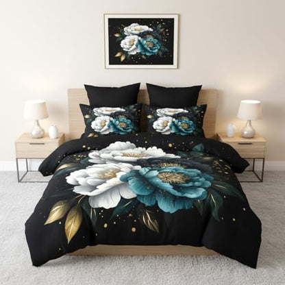 CCoutueChen Vintage Floral Bedding Set King Size, Teal and White Botanical Flowers Comforter with Luxury Gold Accent Bedroom Decor, 3 Pcs 2 Pillowcases, 104"x90"