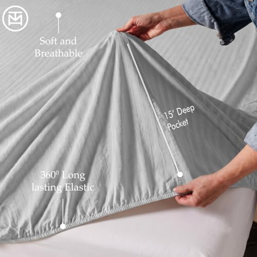 Threadmill 3-Piece Bed Linen Set, Twin XL, 600 Thread Count, 100% Cotton, Light Grey Damask Stripe, Sateen Weave, Deep Pocket, Cooling Effect