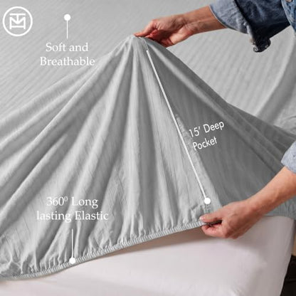 Threadmill 3-Piece Bed Linen Set, Twin XL, 600 Thread Count, 100% Cotton, Light Grey Damask Stripe, Sateen Weave, Deep Pocket, Cooling Effect