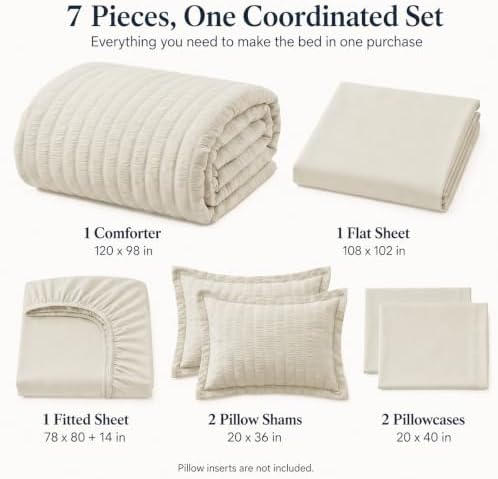 CozyLux Oversized King Comforter Set 120x98 in, 7-Piece Oatmeal Seersucker