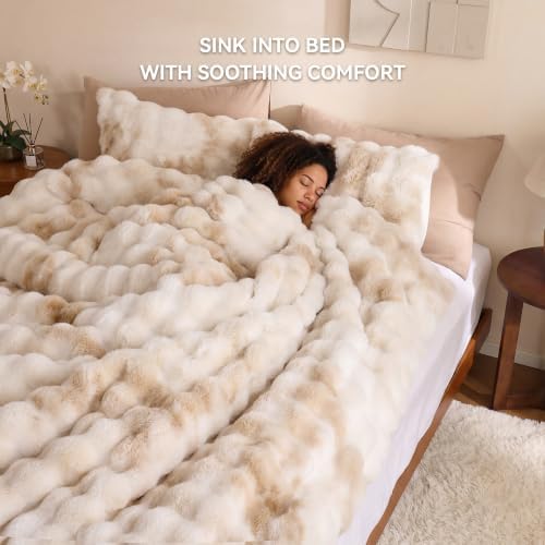 Smoofy Fluffy Faux Rabbit Fur Bubble Comforter Full Size - Tie Dye Beige