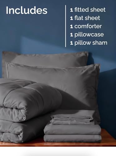Twin Comforter Set - 5 Piece Bed in a Bag Twin Size Bed Set - Dark Grey
