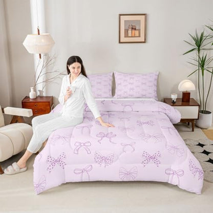 jejeloiu Bow Bedding Set Soft for Boys Girls, Bowknot Comforter Set King Size Bow Tie Duvet Quilt Microfiber Dreamy Princess Style Bedroom Decor 3 Pcs with 2 Pillow Cases