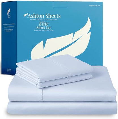 100% Egyptian Cotton Sheets Full Size - 800 Series Elite Collection Deep Pocket Sheet Set, Silky Soft Cooling Sateen Weave Luxury Hotel Sheet (4 PC, Light Blue), Fits Mattress Upto 18"