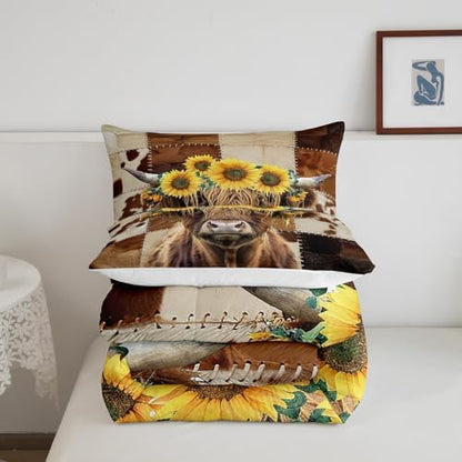 Highland Cow Comforter Set Queen Size,Brown Cow Fur Print Bedding Set 3Pcs for Kids Girls Boys Adult Room Decor,Sunflower Botanical Quilt Set Rustic Farm Animals Duvet Insert,2 Pillowcases